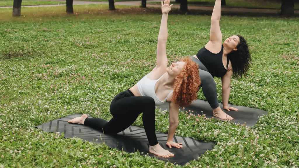 Two woman doing yoga in a park